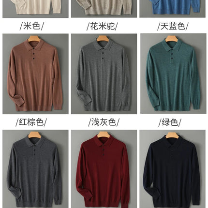 High quality worsted  spun collar wool sweater men's spring and autumn business polo sweater thin long sleeved knitted T-shirt