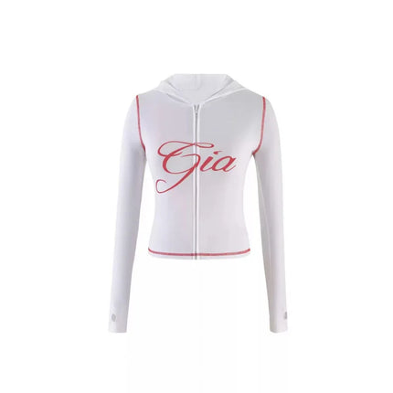 Gia Slim-Fit Letter Print Topstitching Design Hooded Zip-Up Jacket and Pants Set