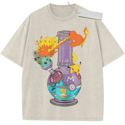 T Shirt Sports T Shirt Short Sleeve T Shirt Rose Red Unisex Pure Cotton Washed Vintage Pokemon Bulbasaur Pikachu Charmander