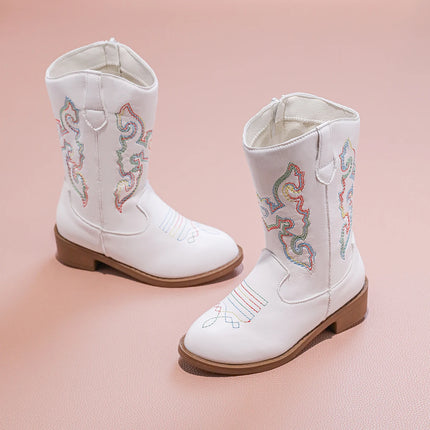 PU Cowboy Ankle Boots for Girls New Autumn Winter Kids Mid-calf Boots Non-slip Side Zip Simple Retro Kids Casual Boots