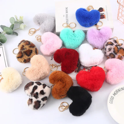 New Heart Plush Hair Ball Keychain Women Leopard Pompom Love Car Key Chain Bags Pendant Hairball Key Rings Jewelry llaveros 키링