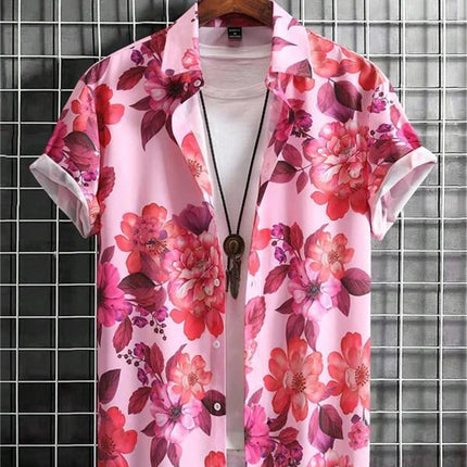 Hawaiian 3D Plant Shirt Flower Geometric Printed Blouse Street Outdoor Single-Breasted Beach Short Sleeve Tops Men's Clothing
