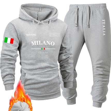 Italy pattern Men's Hoodie and Bundled pants set fleece Autumn winter two-piece set top bottom sets windproof Warm Cotton suit