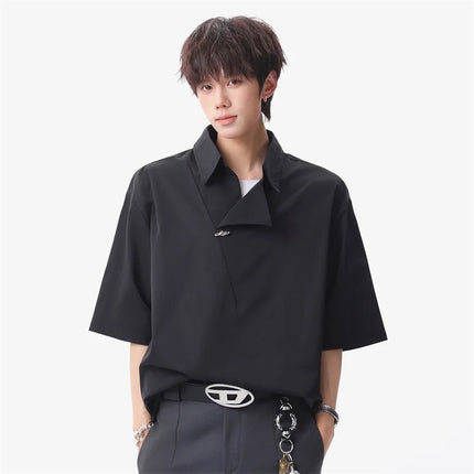 Summer Men's Metal Button Solid Color Lapel Polo Shirts Retro High Street Asymmetrical Oversized Tshirts Y2K Casual Fashion Tops