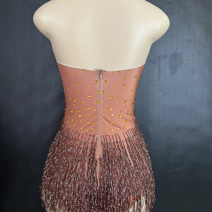 Sparkly Rhinestones Fringe Bodysuit Women Nightclub Party Dance Costume Stage Wear Sexy Tassel Leotard Performance Clothing 7G