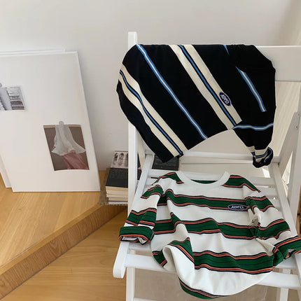 2025 Autumn Children's Clothes Girls Long-Sleeved Base Shirts Cool Boys Striped Cotton T-Shirt Teen Loose Casual 2-7Y Kids Top