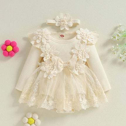 Pudcoco Infant 2-Piece Baby Girls Set 3D Flower Bow Long Sleeve Mesh Dress Romper Headband Adorable Ribbed Outfits 0-18M