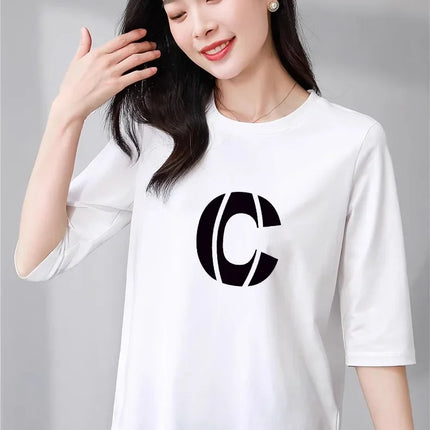 High-End Pure Cotton T-Shirt Women's Summer 3/4 Sleeve 2025 New Korean Style Fashionable Simple Slimming Top Body Shirt