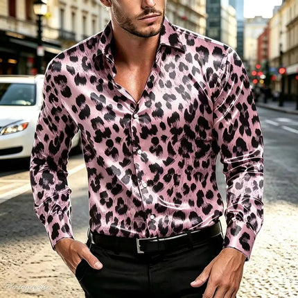 Men's satin leopard print long sleeved shirt, luxurious glossy button up shirt, nightclub party casual fashion shirt