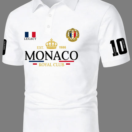 Men's Elegant Style Polo Shirt Royal Crown Print Turn Down Collar Short Sleeve Polyester Tops with Number 10 Sleeve Detail S-XXL