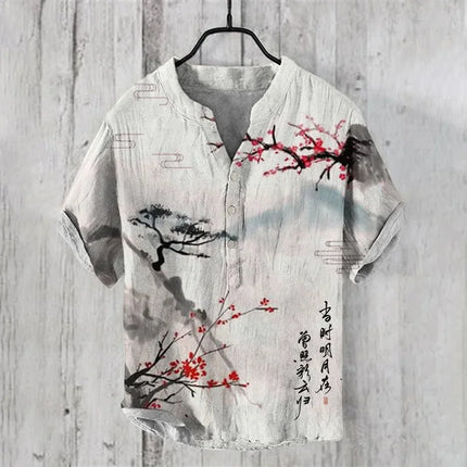 Popular European and American short-sleeved wave pattern men's shirts, stand-up collar shirts, Hawaiian shirts, men's vacation shirts