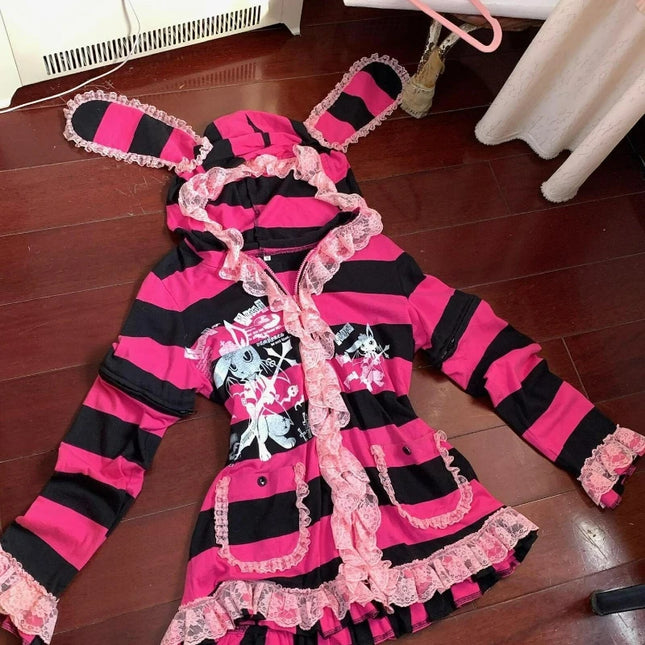 Japan Y2k Aesthetic Stripe Hoodies Women Vintage Lace Patchwork Rabbits Print Zipper Girls Sweatshirt Casual Harajuku Streetwear