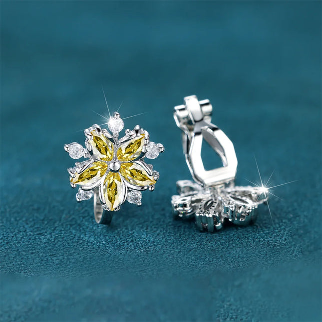 Elegant Pink Crystal Sakura Clip Earrings White Zircon Cute Flower Earrings For Women Vintage Silver Color Wedding Jewelry Gifts
