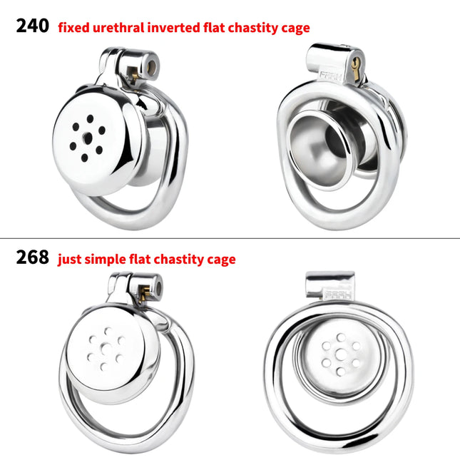 FRRK 268 Flat Button Sissies Male Chastity Cage, 240 Steel Urethral Inverted Chastity Belt, Slave Man Sex Toy Anti-Cheating