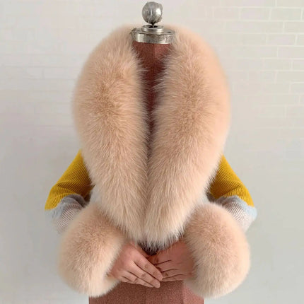 Winter Natural Fox Fur Scarf And Cuff Set Women Jacket Fur Collar Authentic Neck Warm Scarves Luxury Fluffy Fox Fur Shawl