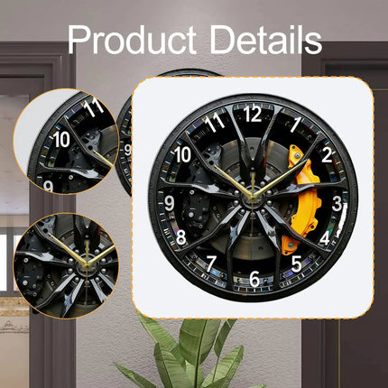 2D Car Wheel Hub Wall Clock Lightweight Silent Gifts Hanging Clock Wall Decoration Acrylic Ornament for Farmhouse Home Classroom