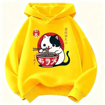 Japanese Style Cat Eat Ramen Hoodie Manga Kids Cat Children's Sweatshirt Cute Hoody for Boys Girls Casual Hoodies Spring