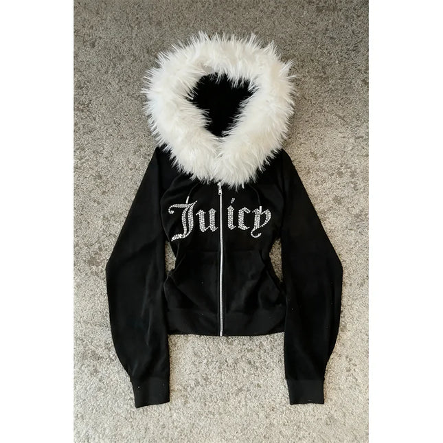Subculture Y2K new fur collar cardigan sweatshirt zipper jacket European and American letter hot stamping retro sweatshirt jacke