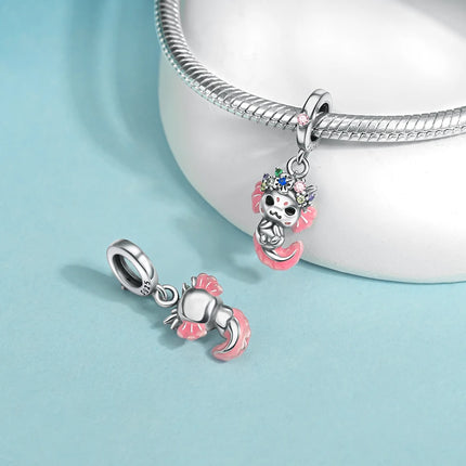 925 Sterling Silver Cute Pink Axolotl Walking Fish Pendant Charm Fit Original Charm Bracelets Women DIY Jewelry Gift