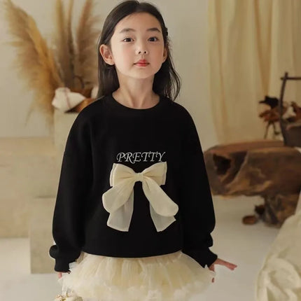 Bear Leader Spring and Autumn Fashion New Girls' Pullover Bow Black Long Sleeved Top Korean Version Children's Casual Wear