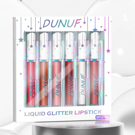 DUNUF 6 pcs set pearlescent metallic color long lasting lip gloss waterproof sweatproof non-stick lipstick