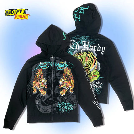 Retro American Rock Print Fleece Lined Hoodie Jacket for Women Punk Street Style Zipper Closure Long Sleeve Oversized Sweatshirt