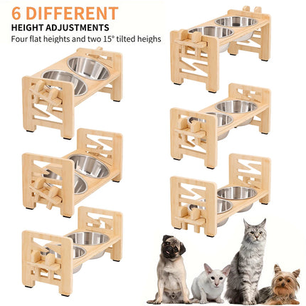 Elevated Puppy Bowls Food Mat Raised Dishes Food and Water Feeder 15° Tilted Stand 2 Stainless Steel Bowls for Small Dogs Cats