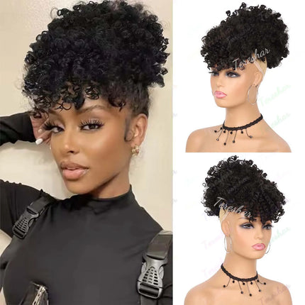Synthetic Afro Puff Kinky Curly Hair Updo Ponytail Extension with Bangs Drawstring Ponytail for Black Women, Afro Hair Ponytail
