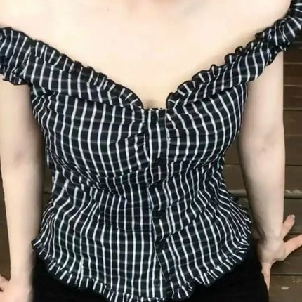Blue Striped Folds Blouse Top Women New Casual Single Breasted Ruffle Sleeveless Tank Tops Vest Sweet Preppy Style Camisole Y2K