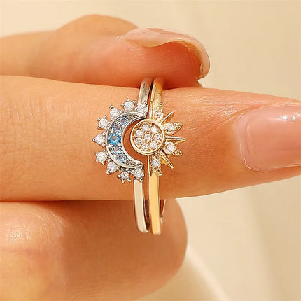 FTCY Adjustable Sparkling Moon Sun Star Ring for Women Couple Elegant Finger Ring Wedding Party Jewelry Gifts Accessories