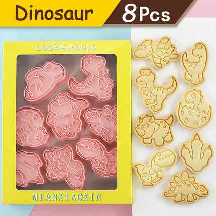 8Pcs Animal Cat Rabbit Dinosaur Cookie Cutter Fruits Cookie Stamp Car Biscuit Molds for Baking, Fondant, Cheese, and Pastries