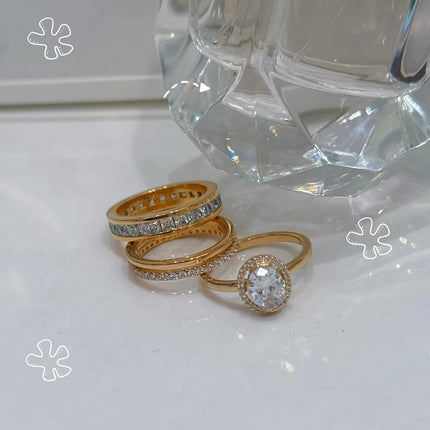 fashion 925 Sterling Silver Oval Cut Zirconium&Heart-Shaped&Double Ring&Bubble Bead Ring Golden Temperament Jewelry