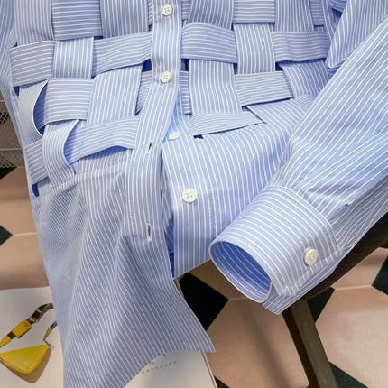 Men Fall Shirt Weaving Striped Print Individual Long Sleeve Cardigan Single-breasted Loose Cardigan Braided Men Spring Top