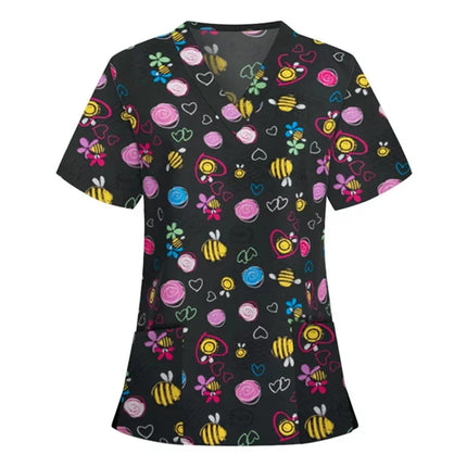 Womens T-Shirts Medical Nursing Uniform Clinical Uniform Woman V-Neck Short Sleeve T Shirt Tops With Pocket Women's Clothing
