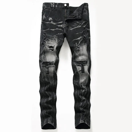 High Quality Men Casual Black Jeans Paint Slim Straight Hole Biker Jeans Autumn Jean Homme Male Denim Pants Plus Size
