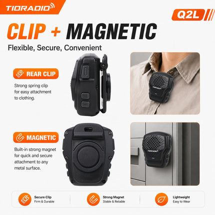 TIDRADIO Q2L Wearable Speaker Mic Clip-On Magnetic Wireless PTT AI Noise Reduction App Global Push To Talk Work Outdoor Teams