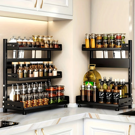 Versatile 2-Tier Carbon Steel Spice & Utensil Rack - Must-Have Countertop Storage for Kitchen Desk Organization