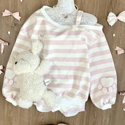 HOUZHOU Kawaii Pink Striped Sweatshirts Women Cutecore Off Shoulder Long Sleeve Pullovers Sweet Japanese Style Loose Casual