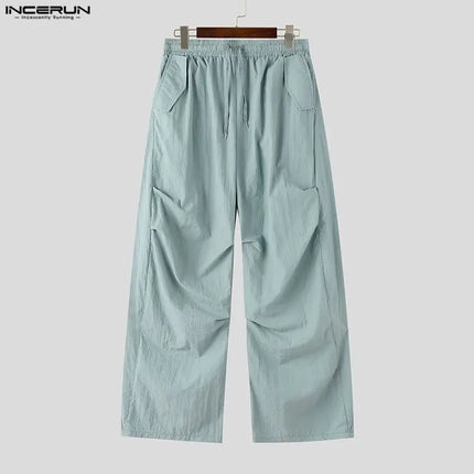 INCERUN Men's Pants Solid Color Drawstring Joggers Loose Casual Trousers For Man Streetwear 2026 Fashion Male Wide Leg Pants