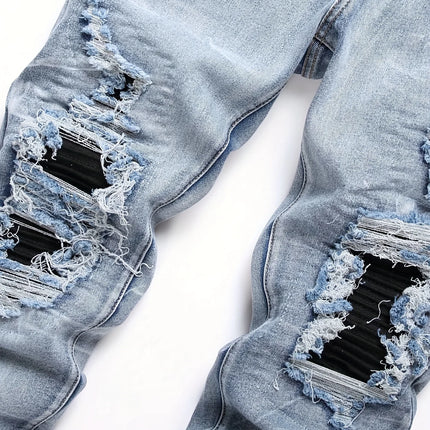 Men‘s Stretchy Denim Jeans Streetwear Tearing Patchwork Holes Ripped Denim Elastic Waist Casual Pants Slim fit Straight Trousers