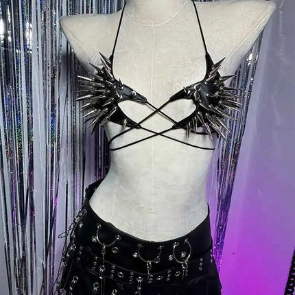 Gothic Emo Punk Women's Spiked Grunge PU Leather Tank Top Y2K Alternative 90s Vkei Studded Cyber Goth T-shirt 2000s ALT Clothing