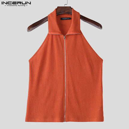 INCERUN Tops 2025 Korean Style Fashion Men's Knitted Texture Hanging Neck Design Vests Casual Streetwear Solid Zipper Tank Tops