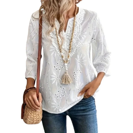 Plus Size Women's Summer New Top Solid Sexy V-Neck Hollow Long Sleeve Shirt Fashion Splice Blouse Loose Apparel