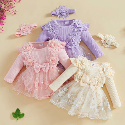 Pudcoco Baby Girls Romper Dress Mesh Lace Patchwork Long Sleeve Jumpsuits and Cute Headband Set for Toddler Infant 0-12M