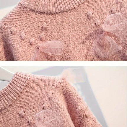 Girls' Thick Sweater, New Stylish Design, Fashionable Mesh Patchwork Pullover Knit Top, Trendy Base Layer