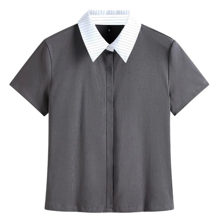 Korean striped short sleeved T-shirt for women's summer new high-end cotton patchwork lapel shirt, polo shirt, casual top