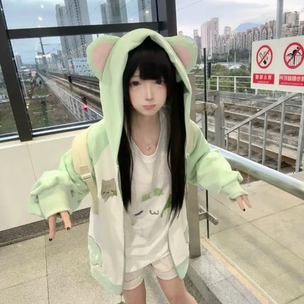 Japanese Hoodies Coats 2025 Ropa Mujer Cute Sweatshirts Preppy Style Contrast Color Casual Hooded Y2k Tops Chic Oversized Hoodie