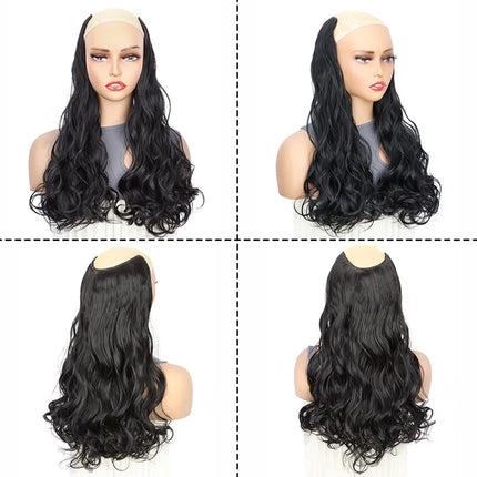 24Inch Synthetic Long Culry Hair Extension V-shaped One Piece Fluffy Invisible Hair Black Brown Hairpiece for Women