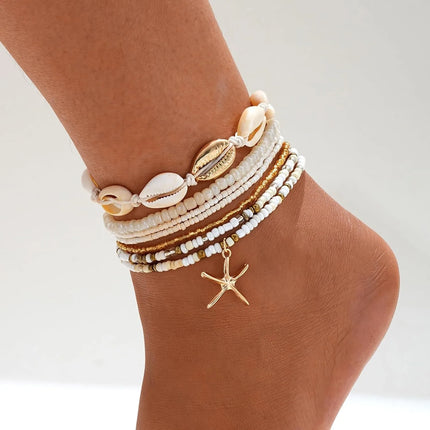 Summer Ankle Bracelet Set for Women, Gold Plated Boho Bead Adjustable Anklet, Hawaiian Beach Shell Starfish Foot Jewelry Gifts