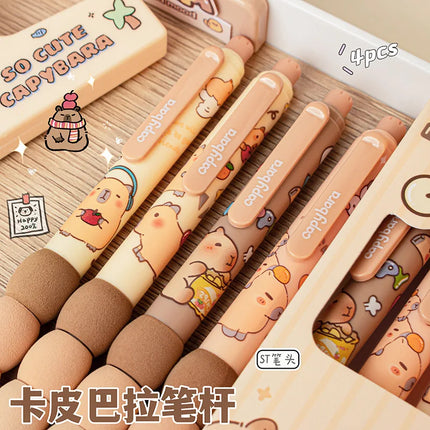 4Pcs/Box Kawaii Capybara Soft Sponge Pen Grip Side Press Erasable Pen Blue Ink Student Cartoon Neutral Pen School Stationery